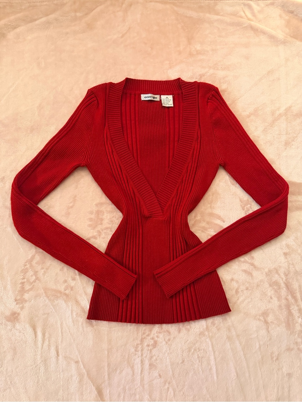 Energie Women's Red Ribbed V-Neck Sweater